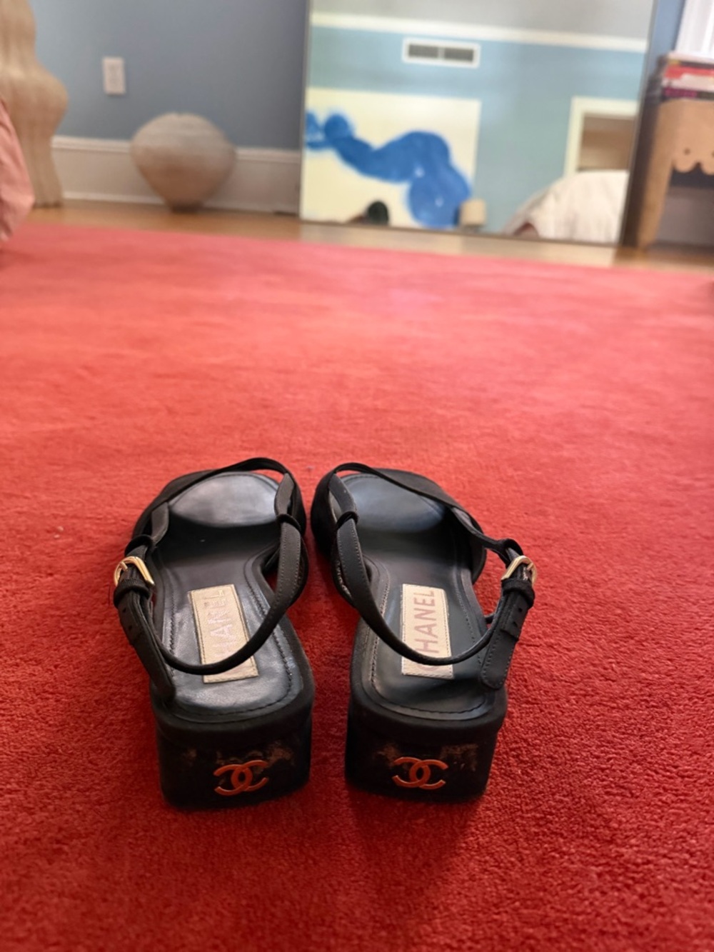 CHANEL Black Slingback Open-Toe Sandals with Gold Buckles - Picture 2 of 2